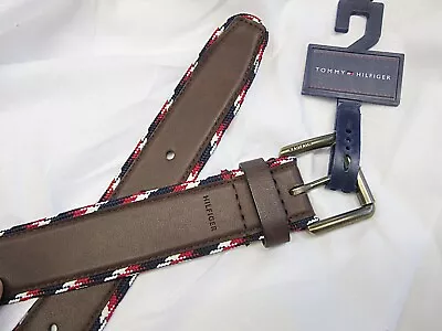 TOMMY HILFIGER Mens Leather Belt Size M 34-36 Brass Buckle NEW WITH TAG • $22.99