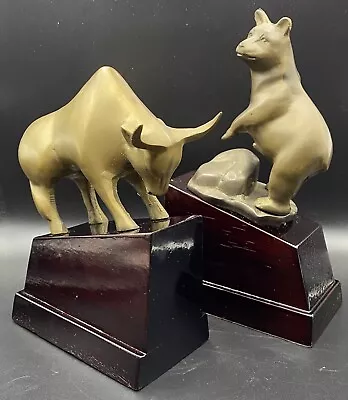 Vintage Bull & Bear Bookends Wall Street Mascots Brass Wooden Base • $26.97