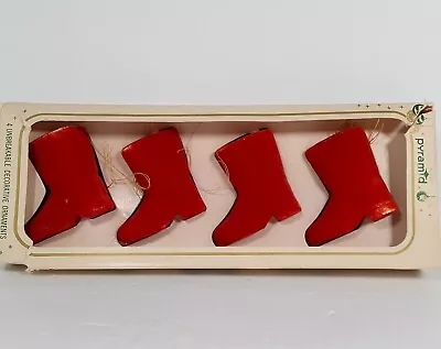 $12 • Buy Vintage Four Red Flocked Santa Boots Christmas Plastic Ornaments Original Box