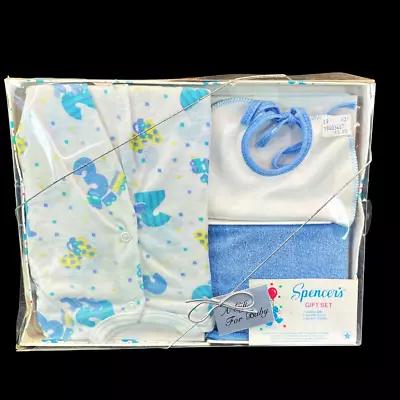 Vintage 90s Spencer's Baby Layette Gift Set Bib Washcloth Gown Numbers Blue • $24.95