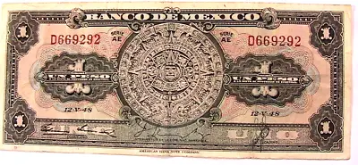 1948 Mexico 1 Peso VF+ Serie AE Paper Money Mexican Banco Currency Banknote P-59 • $5.50