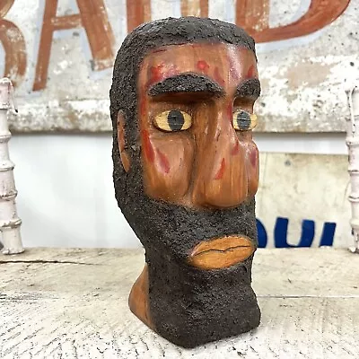 VINTAGE Man HEAD SCULPTURE Carved Wood  Art Studio Folk PRIMITIVE BUST • $154.99