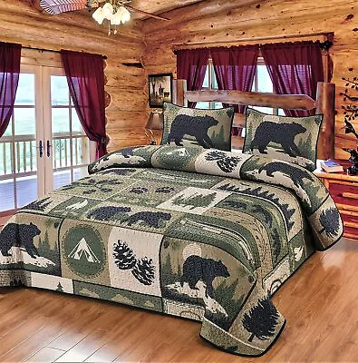 Forest Camping Bear Canoe King Quilt Bedding Set Cabin Lodge Bedspread Coverlet • $82.50