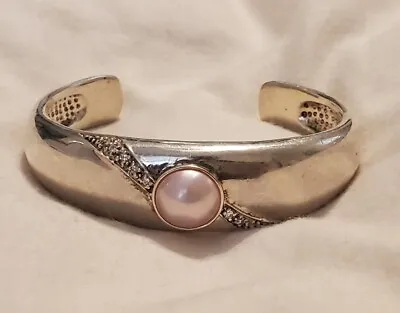 Estate Sterling Silver Pink Mabe Pearl Cuff Bracelet • $70