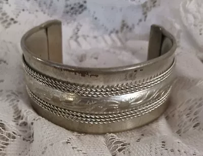 Vintage Southwestern Sterling Silver Look 1.25  Wide Cuff Bracelet Leaf Design  • $24.95