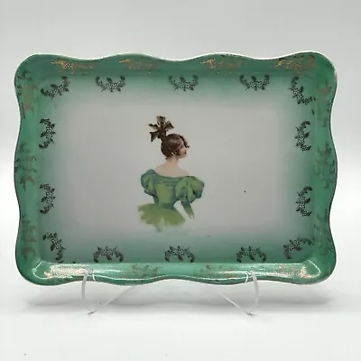 Antique Victoria Carlsbad Austria Dresser Woman Portrait Green Vanity Dish Tray • $45