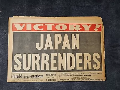 VINTAGE NEWSPAPER Front Page 8/14/1945 Japan Surrenders WW2 Chicago • $15