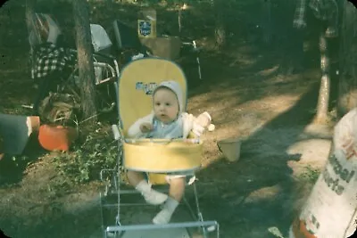 1960s Baby In Bonnet Sitting In Retro Pram Stroller Camping Vintage 35mm Slide • $11.80