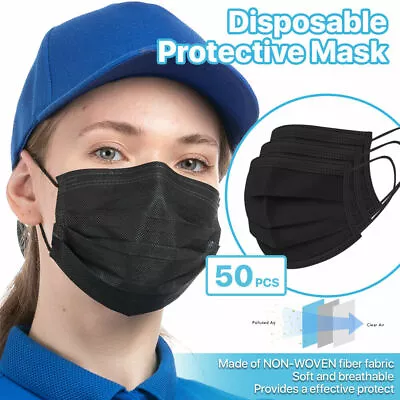 [Black] 50 Pcs Disposable Face Masks 3-Ply Non Medical Surgical Earloop Cover • $7.50