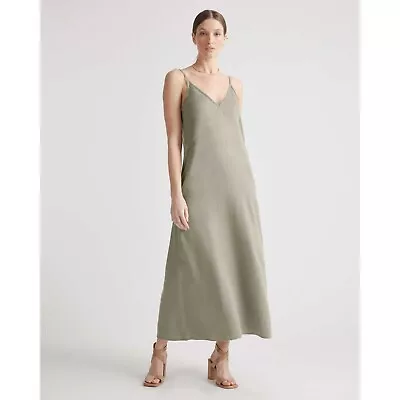 Quince Vintage Wash Tencel Maxi Slip Dress Adjustable Straps Olive Green L • $44.99