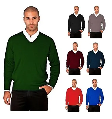 Mens Knitted V-Neck Wool Mix Jumper Long Sleeve Tight Knit Sweater Jersey • £9.95