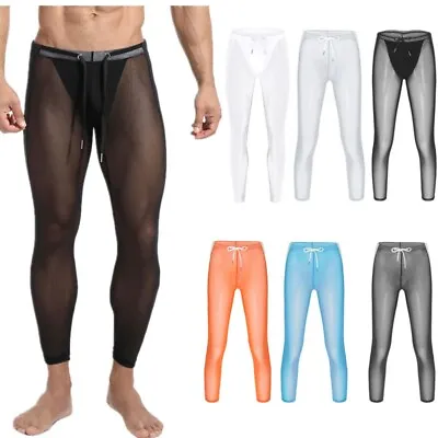 Men See Through Tights Compression Pants Sport Gym Fitness Drawstring Trousers • $4.64