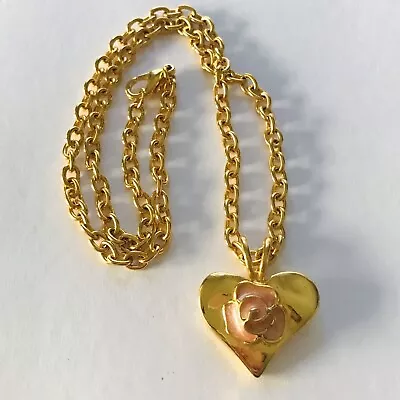 VTG Maxine Denker Necklace Gold Tone Chain Rose Heart Pendant Charm Signed • $40.23