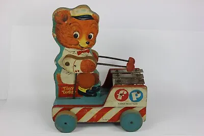 Rare Vintage 1950's Fisher Price 8  Tall Tiny Teddy 636 Wood Pull Toy WORKS • $17.77