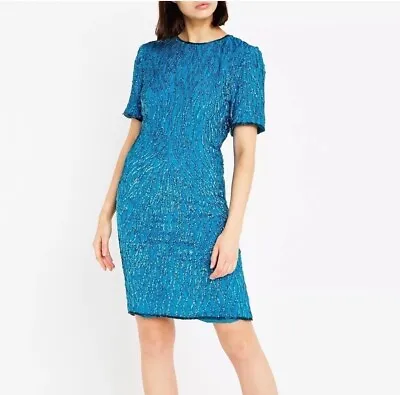 BNWT Women’s Vintage Laurence Kazar New York Blue Silk Beaded Mini Dress  Size L • £82.71