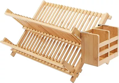 Folding 2-Tier Bamboo Dish Drying Rack With Utensil Holder Collapsible Natural • $19.99