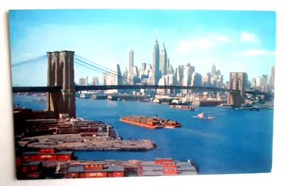 1950s  Postcard Of Brooklyn Bridge And Lower Manhattan Before World Trade Towers • $0.99