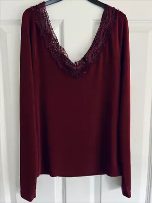 Ladies Maroon / Burgundy Lace Detail Long-Sleeved V-Neck Top From H&M Size M. • £0.99