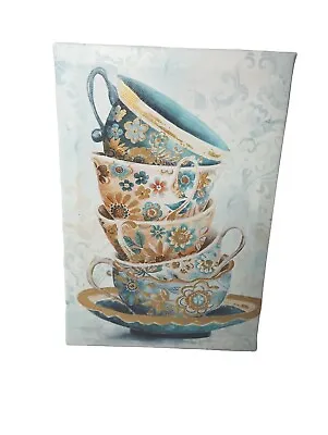 Stack Of 5 Teacups In Light Blues On Canvas Wall Art Print 1 Piece 9 X6   • $15.99