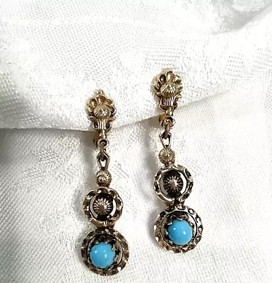 Vintage Gold Tone Dangle Drop Faux Turquoise Bead Clip On Earrings Damaged • $11.30