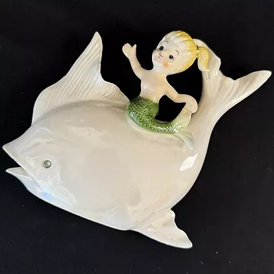 Vintage Norcrest Maid In Japan Mermaid On Iridescent Fish Ceramic Wall Hanging • $119.99