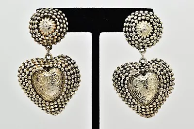 Vintage Heart Earrings Antiqued Silver Tone Heavy Chunky Thick NOS 1980s 9C • $27.96