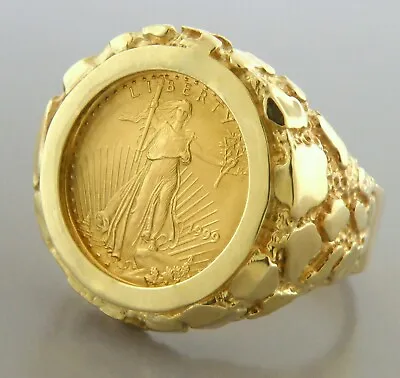 22K 1/10 Oz AMERICAN EAGLE GOLD COIN 14K YELLOW GOLD MEN'S NUGGET RING HEAVY  • $3434.77