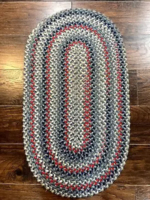 Oval Braided Rug 2x3 Small American Braided Multicolor Vintage Blue Ivory Red • $237