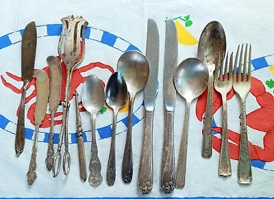 Vintage Silverplate Stainless Flatware Silverware Mixed LOT 14 Spoons Forks Etc. • $0.99