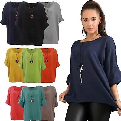 Womens Italian Plain Necklace Tunic Top Cotton Summer Long Sleeve Loose Fit Top • £9.99