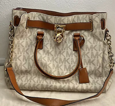 MICHAEL KORS Purse Hamilton Gold Tone Hardware Handbag Monogram Cream Large • $59