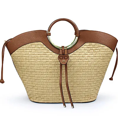 Cuoieria Fiorentina Large Handbag Tote Bag Straw & Genuine Leather Made In Italy • $216