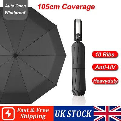 Large 10 Ribs Umbrella Auto Open Foldable Heavy-duty Rain Umbrella Windproof • £7.99