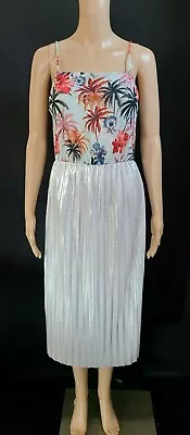 ZARA TRAFALUC Contrast Floral Silver Metallic Sleeveless Pleated Midi Dress Sz S • $13