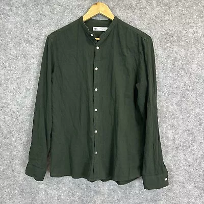 ZARA Men's Casual Design Green Cotton Mix Button Collarless Shirt M (1520 • $20