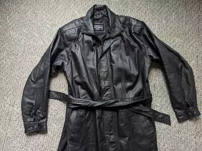 Vintage 1990s Black LUCKY Leather Coat XL Jacket BELTED Trenchcoat Y2K Duster • $99.95