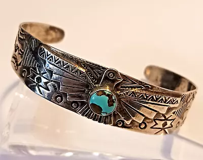 Vintage Navajo Turquoise Sterling Fred Harvey Thunderbird Cuff    (1494) • $165