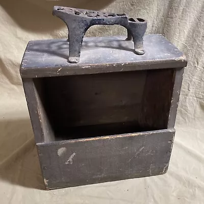 Primitive Antique Painted Wood Shoe Shine Box Cast Iron Shoe Rest • $45