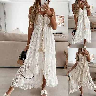 $29.32 • Buy Women's Boho Lace Long Maxi Dress Ladies V Neck Summer Holiday Strappy Sundress