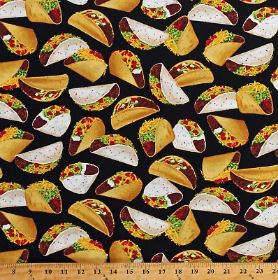 Cotton Tacos Mexican Food On Black Cotton Fabric Print By The Yard (D783.53) • $12.95