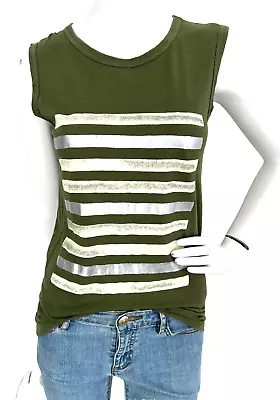 J Crew Muscle Tee Graphic Metallic Stripes Crew Neck Relaxed Fit Green XS EUC • $14.95