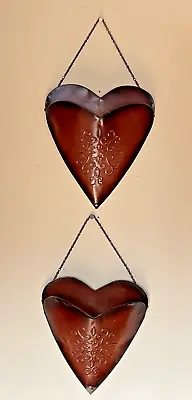 Metal Heart Basket/Pocket Wall Or Door Hanging Vintage Set Of 2 Brown • $15