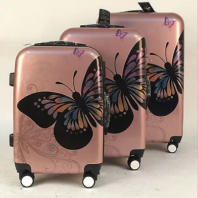 Hard Shell 4 Wheel Suitcase PC Luggage Trolley Case Cabin Hand Butterfly - Gold • £45.99