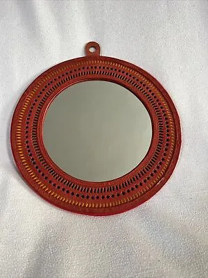 Vintage Unique 10” Round Mirror Embossed Red Leather Frame Handcrafted • $18