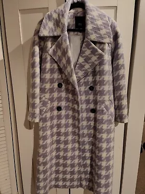 £50 • Buy River Island Lilac Purple & White Dogtooth Maxi Long Oversized Coat Size 12