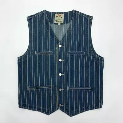 Denim Vest Men's Striped Vest Work Waistcoat Vintage Casual Coat Jacket Top • $50.95