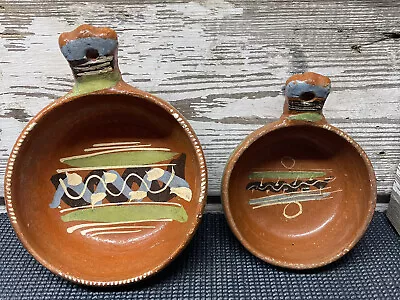 Vintage Set Of 2 Handcrafted Clay Pottery Nesting Bowls W Handles Made In Mexico • $27.99