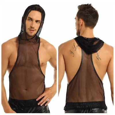 £7.59 • Buy Sexy Men Mesh Muscle Fishnet Tank Top Seethrough Hooded Vest Undershirt Clubwear