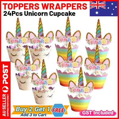 $5.45 • Buy 24Pcs Unicorn Cupcake Toppers Wrappers Birthday Party Cake Bunting Lolly AU