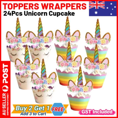 24Pcs Unicorn Cupcake Toppers Wrappers Birthday Party Cake Bunting Lolly AU • $5.95